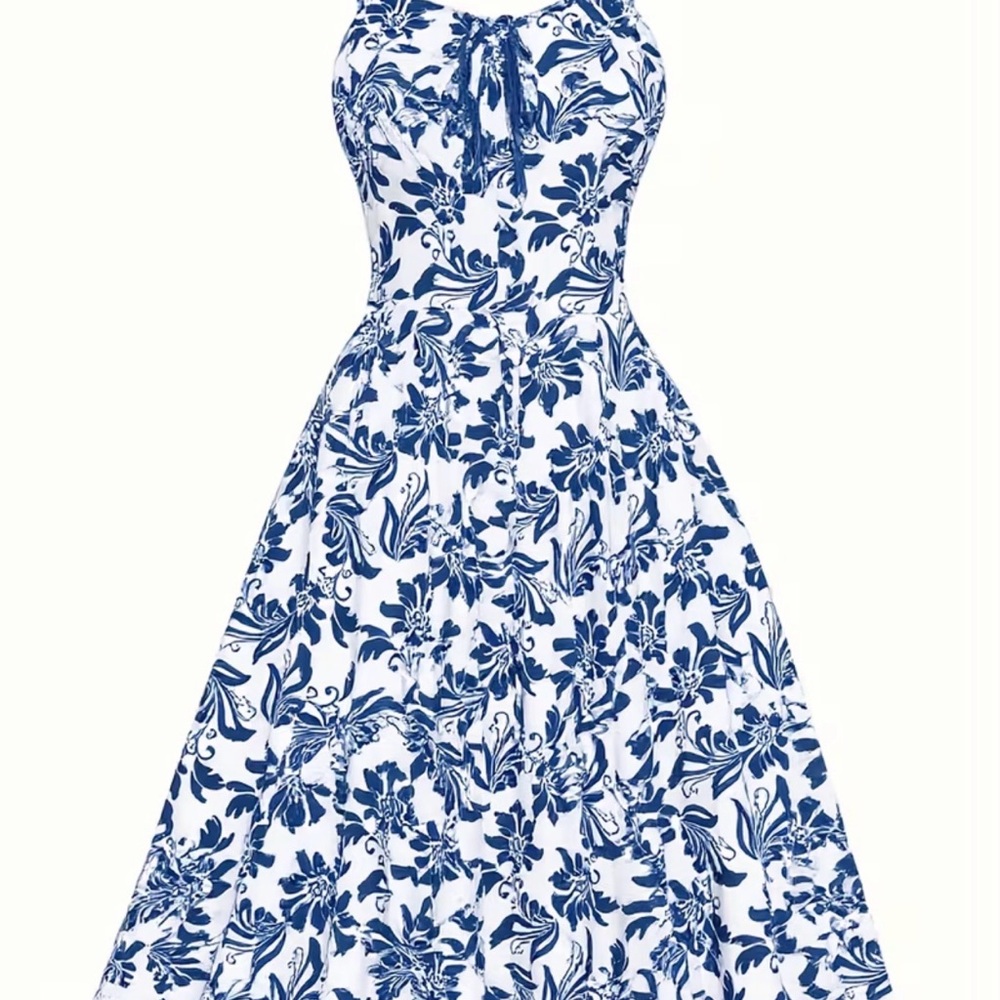 🐣2X HOST PICK!!🐣 Vintage 50’s Vibe Blue Floral Dress LAST ONE - Picture 2 of 8